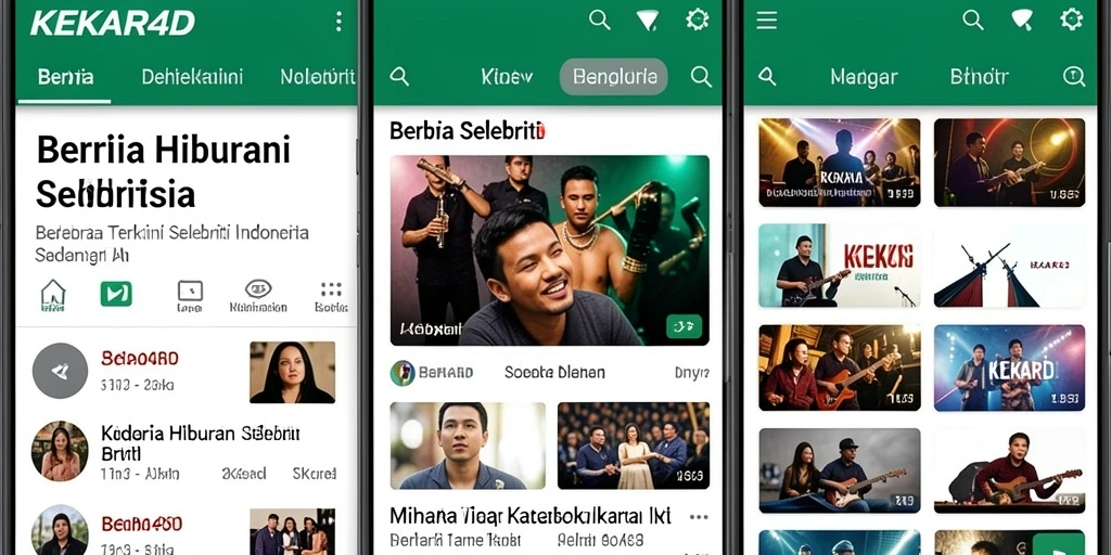 Antarmuka KEKAR4D menampilkan berita selebriti terkini dengan visual menarik.