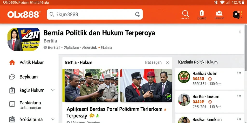 Screenshot antarmuka OLX888 menampilkan berita politik dan hukum terbaru.