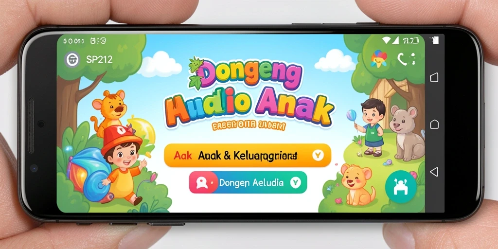 Antarmuka aplikasi SP212 dengan pilihan dongeng audio yang menarik.